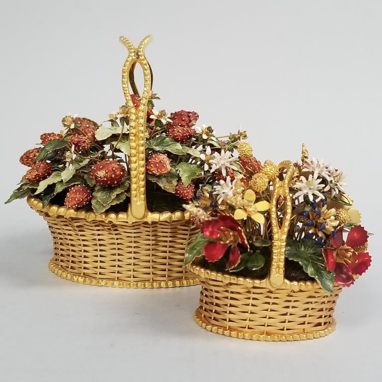 2 Jane Hutcheson ? enameled metal floral, etc. sculptures- 6"H 6 1/2"W 4 1/2"D larger: 2 Jane Hutcheson ? enameled metal floral, etc. sculptures- 6"H 6 1/2"W 4 1/2"D larger