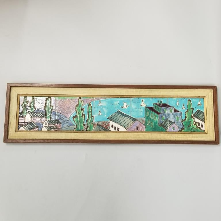 Harris Strong (?) framed 5 tile landscape- 9 1/2"H 33 1/2"W (one corner cracked) (1 of 10)