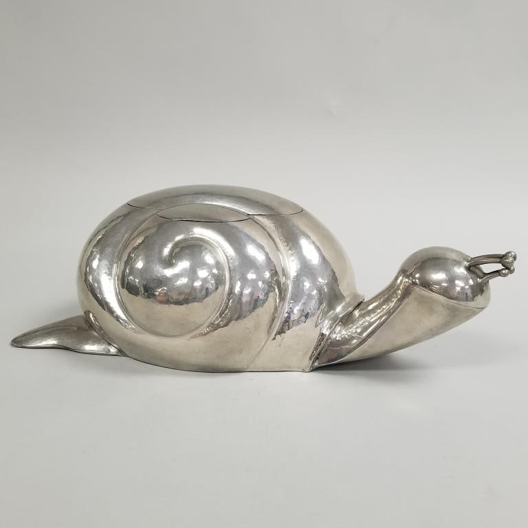 Huge Italian hand hammered pewter snail box- 7"H 21"W 9 1/2"D (few dents): Huge Italian hand hammered pewter snail box- 7"H 21"W 9 1/2"D (few dents)