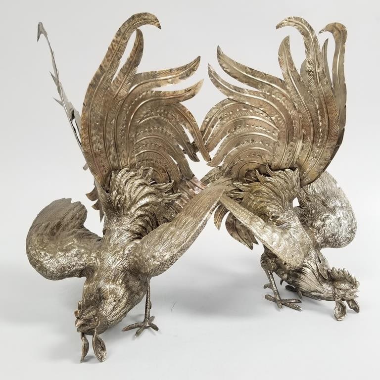 Large impressive pair brass fighting roosters- 17 1/2"H 11 1/4"W 12"D (one leg bent): Large impressive pair brass fighting roosters- 17 1/2"H 11 1/4"W 12"D (one leg bent)