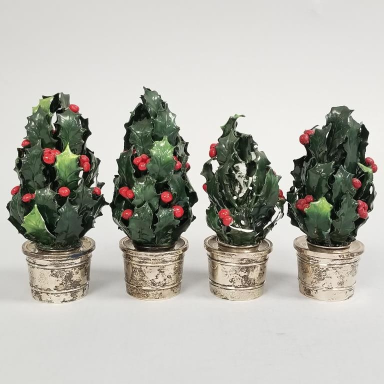 4 Gorham weighted sterling silver candleholders with holly motif Coalport porcelain inserts- 6"H OD: 4 Gorham weighted sterling silver candleholders with holly motif Coalport porcelain inserts- 6"H OD (inserts damaged)