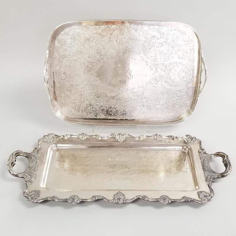 2 vintage silverplate on copper serving trays- 26" longer: 2 vintage silverplate on copper serving trays- 26" longer