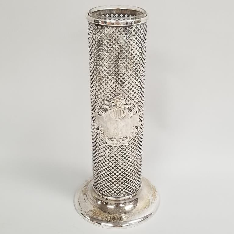 Antique Meriden silverplated tall vase with glass insert & monogrammed lion plaque- 14"H: Antique Meriden silverplated tall vase with glass insert & monogrammed lion plaque- 14"H