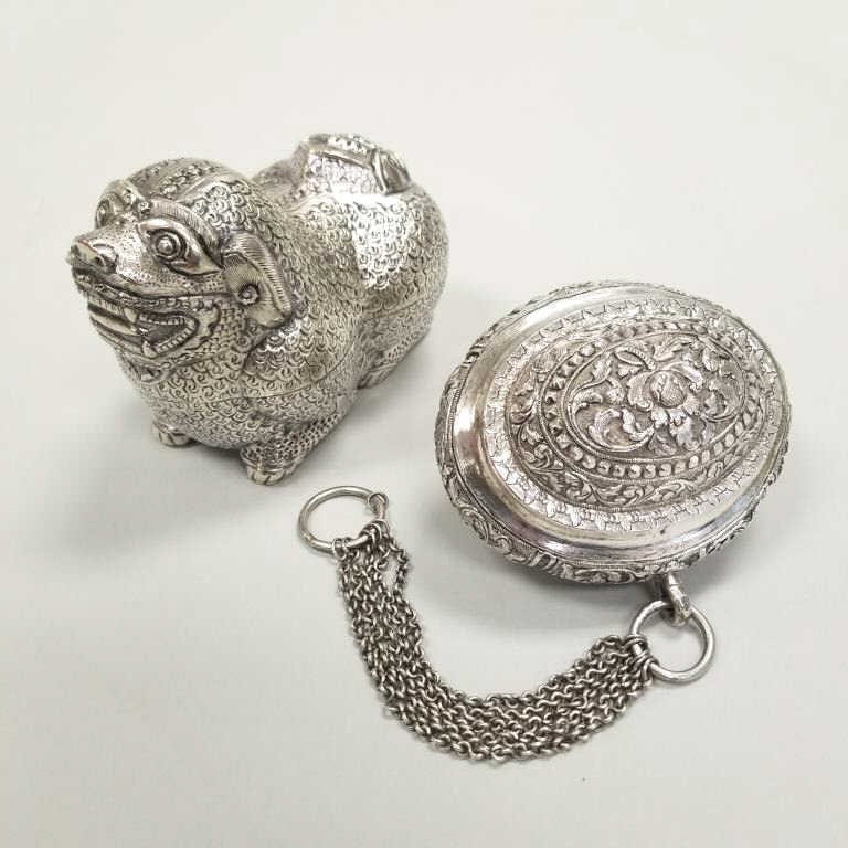 2 Southeast Asian repousse silver boxes- 1 is hallmarked- 4"H 3 1/2"W larger (1 of 20)