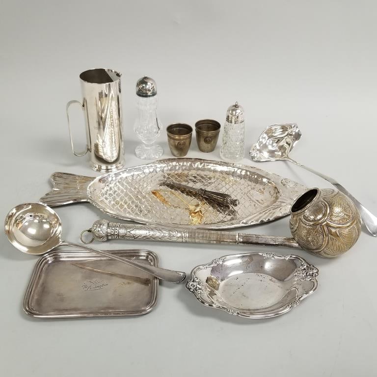 Collection of vintage, etc. silverplate incl large fish tray, crystal muffineer shakers, 14 1/2": Collection of vintage, etc. silverplate incl large fish tray, crystal muffineer shakers, 14 1/2" punch ladles, etc.