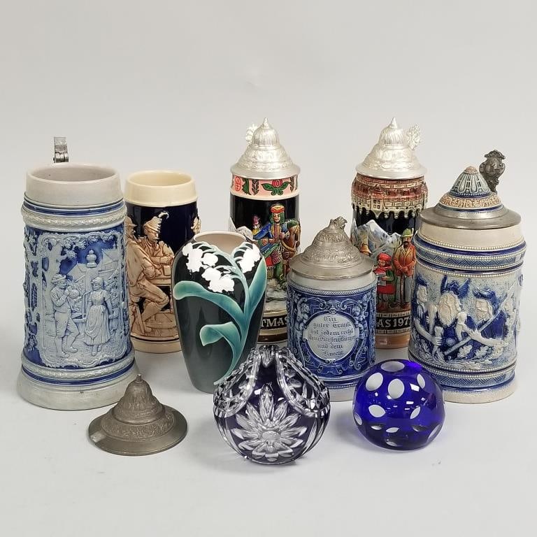 Collection of steins, etc. incl salt glaze, Franz vase, cut overlay paperweight, etc- 9 pcs total- (1 of 20)