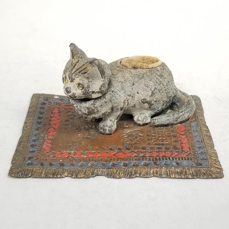 Antique Austria cold painted metal cat pin cushion nodder- 2"H 3 3/4"W 2 3/4"D (1 of 14)