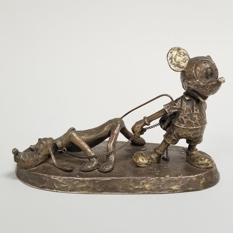 Sterling silver Disney Mickey Mouse & Pluto sculpture by Philip Kraczkowski- 37 toz- 4 1/4"H 6 1/2"W: Sterling silver Disney Mickey Mouse & Pluto sculpture by Philip Kraczkowski- 37 toz- 4 1/4"H 6 1/2"W 3 1/2"D