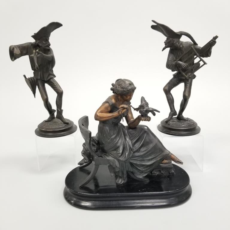 3 antique Victorian spelter pieces: clock figure & 2 figural candlesticks- 11 1/2"H tallest (as: 3 antique Victorian spelter pieces: clock figure & 2 figural candlesticks- 11 1/2"H tallest (as seen- missing violin, repair)