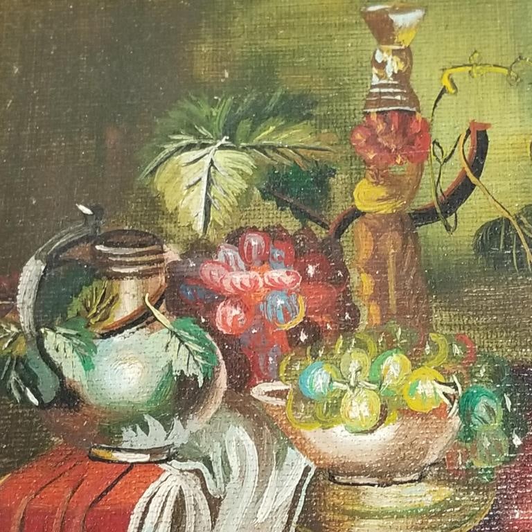 Miniature Italian style still life oil painting on board- 8 1/4"H 7 1/2"W OD: Miniature Italian style still life oil painting on board- 8 1/4"H 7 1/2"W OD