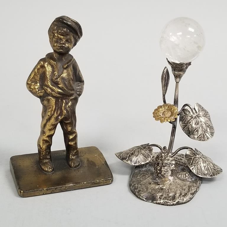 2 brass, etc. items: boy door stop & rock crystal sphere on floral stand- 6 1/2"H taller (1 of 20)