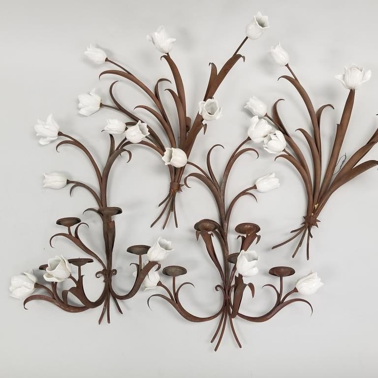 4 mid-century style metal & porcelain candleholder wall sconces- 24"H 18"W largest (1 of 20)