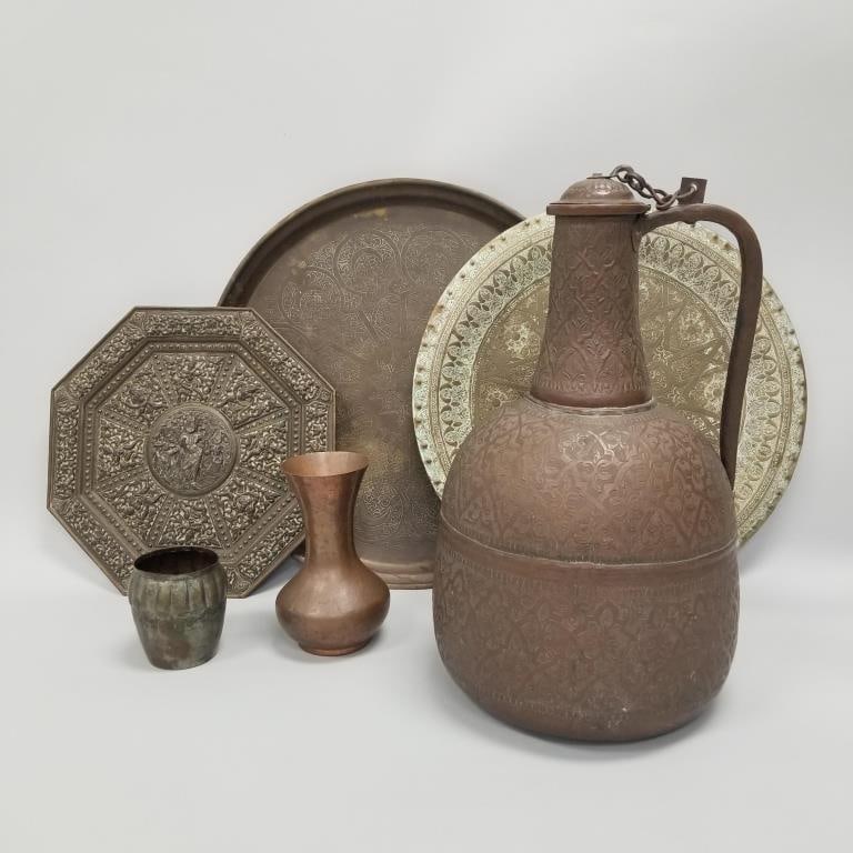 6 vintage Moroccan, etc. items incl brass trays, copper vase, etc.- 23 3/4" largest: 6 vintage Moroccan, etc. items incl brass trays, copper vase, etc.- 23 3/4" largest