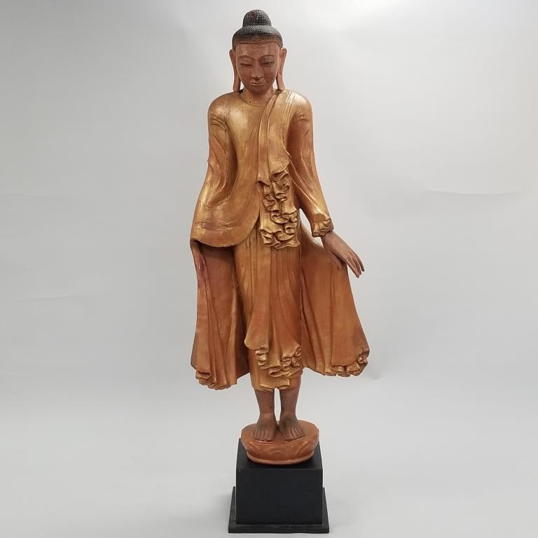 Vintage life size carved wood Buddha temple figure Burmese on pedestal- 5'11"H total height 25"W: Vintage life size carved wood Buddha temple figure Burmese on pedestal- 5'11"H total height 25"W (as seen- missing hand; some restoration, etc.)