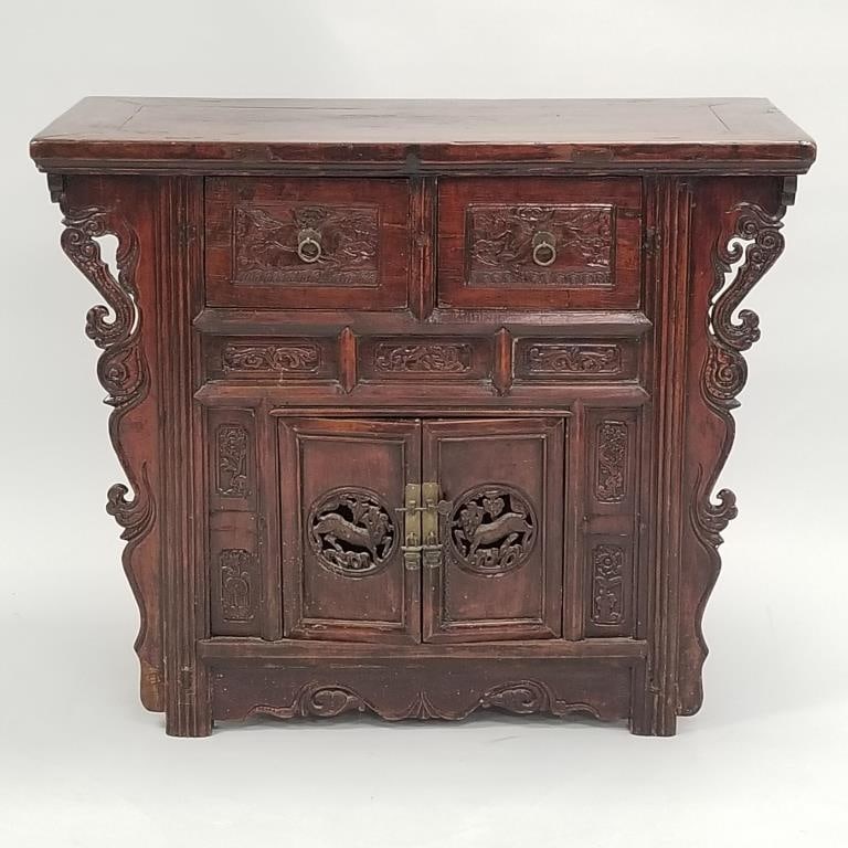 Antique carved Korean alter cabinet w/ dragon & horse motif- 33"H 40"W 18"D (1 of 20)