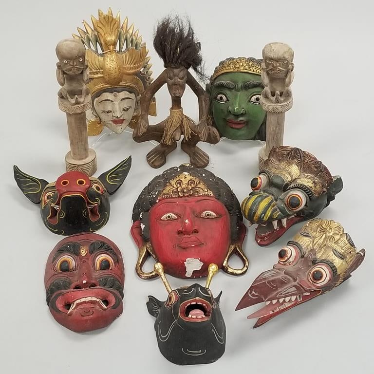 11 assorted Indonesian, etc. carved masks & figures- 14"H tallest (2 masks have ear damage) (1 of 20)