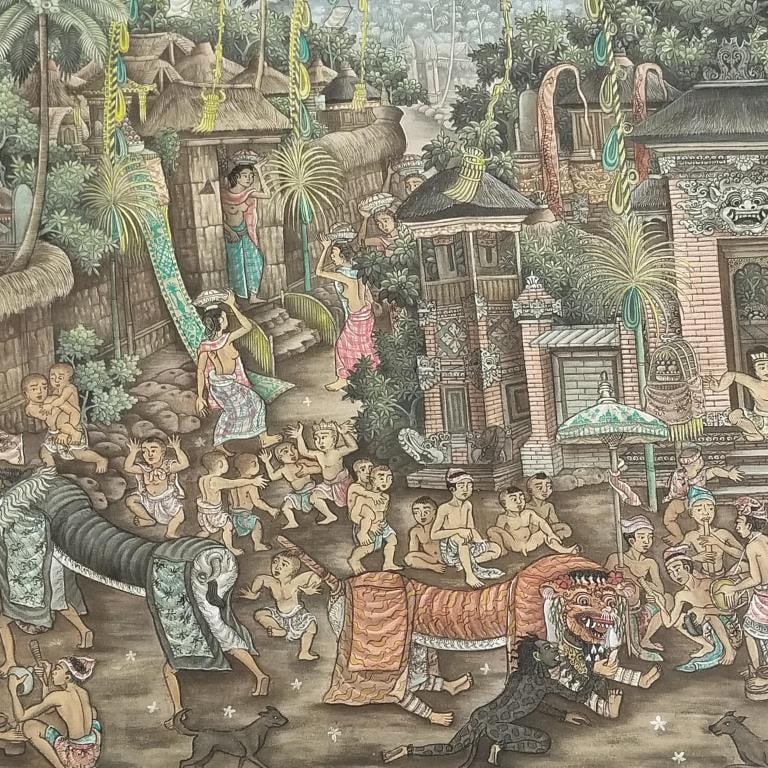 Bali signed painting on canvas- ceremonial scene 31 1/2"H 42 1/2"W (as seen- small tear) (1 of 16)