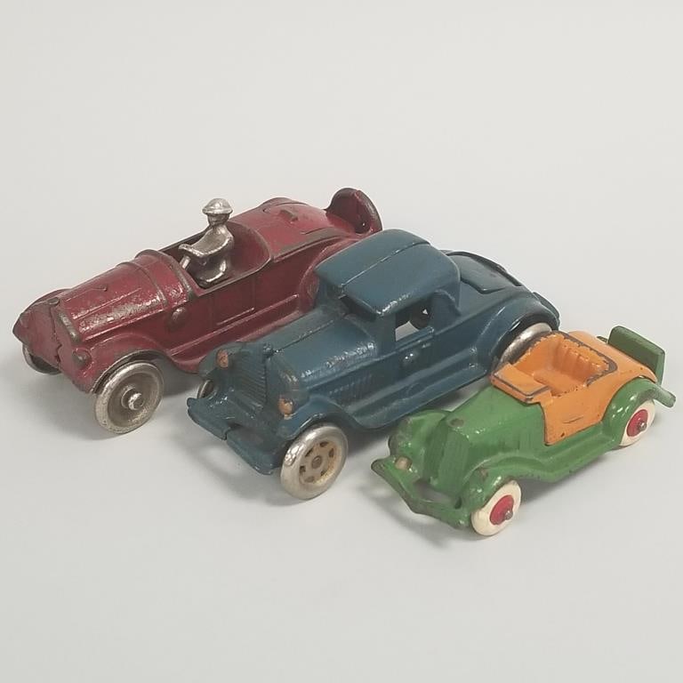 3 vintage cast iron cars incl Kilgore with driver- 2 1/2"H 6"L 2 1/4"W largest (1 of 20)
