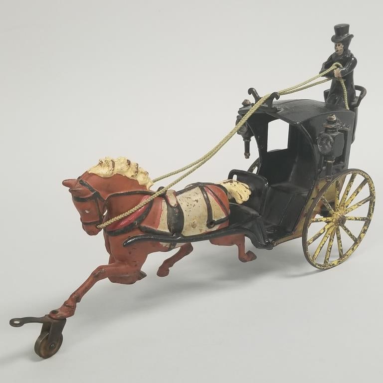 Pratt & Letchworth cast iron Hansom Cab with driver- 7 1/2"H 13"L 4 1/4"W (1 of 15)