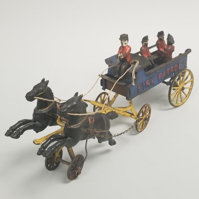 Wilkins Hardware Fire Patrol horse drawn cast iron toy with driver & 3 additional figures- 5 3/4"H (1 of 17)
