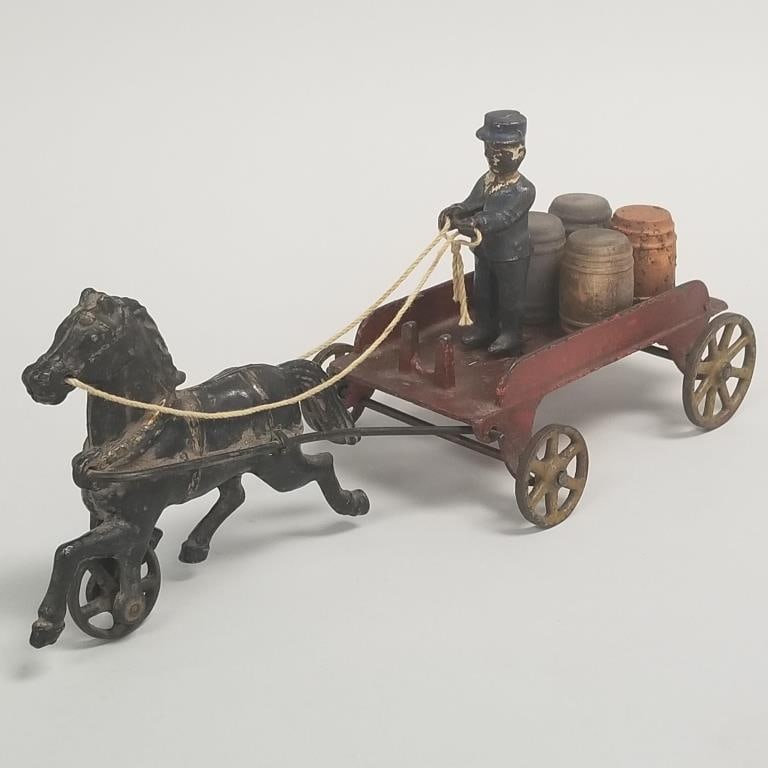 Harris horse drawn cast iron toy with driver & 4 wooden barrels- 5 1/4"H 12 3/4"L 5"W (1 of 18)