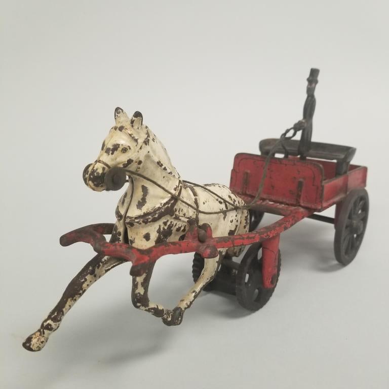 Carpenter 19th century cast iron horse drawn cart toy with driver- patent information on bottom- 5 (1 of 16)