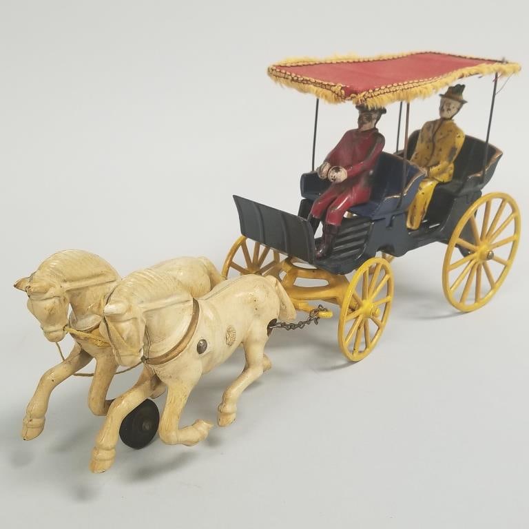 Kenton cast iron horse drawn carriage with rider, driver & horses- 6"H 13"L 3 3/4"W (1 of 18)