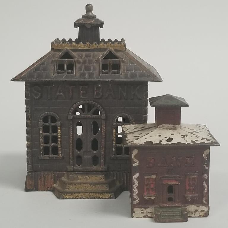 2 early cast iron building banks incl "State Bank" (1 of 17)