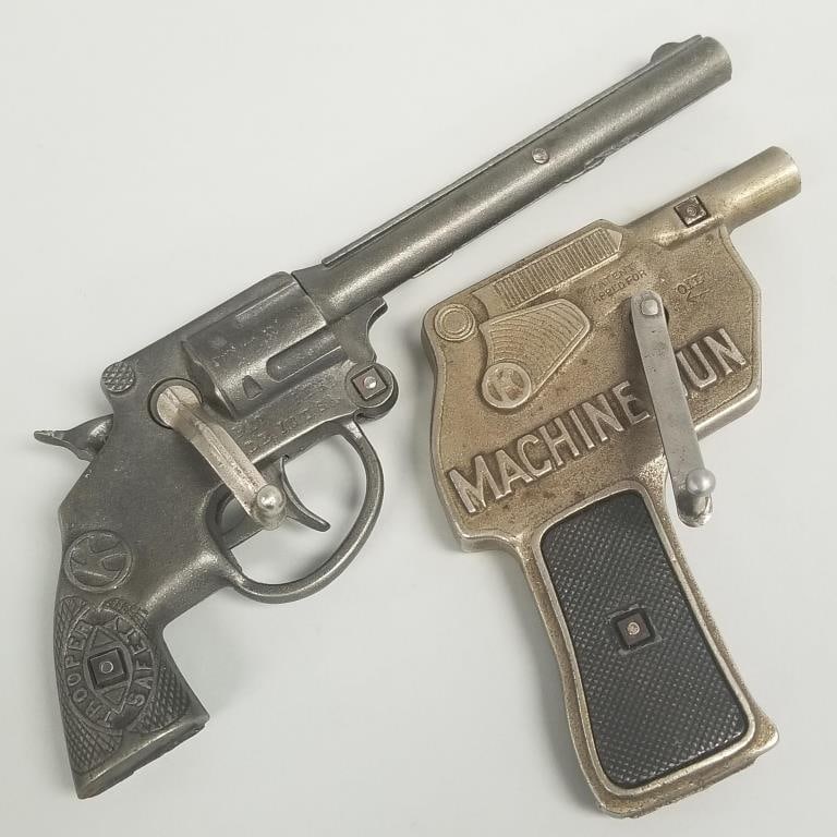 2 Kilgore cast iron toy cap guns: "Trooper Safety" & "Machine Gun" 3 1/2"H 10" L larger (1 of 17)