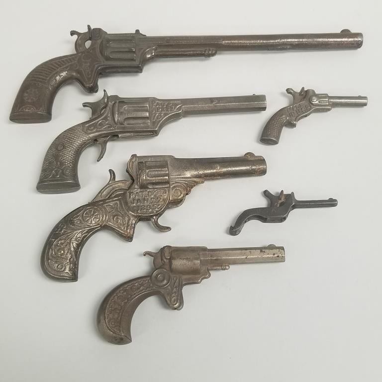 6 cast iron toy cap guns incl Cowboy, 6 Shot (Stevens), Buffalo Bill, Liberty, etc.- 3 1/4"H 11 (1 of 20)