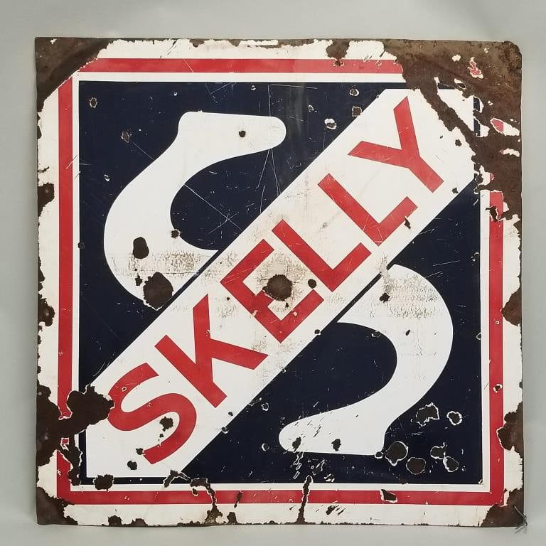 Vintage Skelly porcelain double sided advertising sign (as seen- worn) 48"H 48"W (1 of 15)