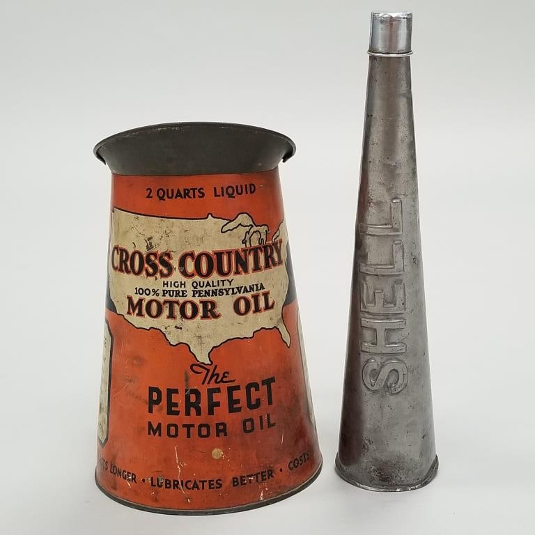 2 vintage metal oil items: 2 qt Cross Country pitcher- 8 1/2"H & Shell funnel- 10 1/2"L (1 of 17)