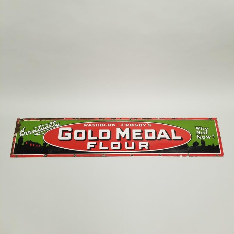 Antique enamel advertising Gold Medal Flour sign (as seen- chips, minor rust) 12"H 60"W: Antique enamel advertising Gold Medal Flour sign (as seen- chips, minor rust) 12"H 60"W