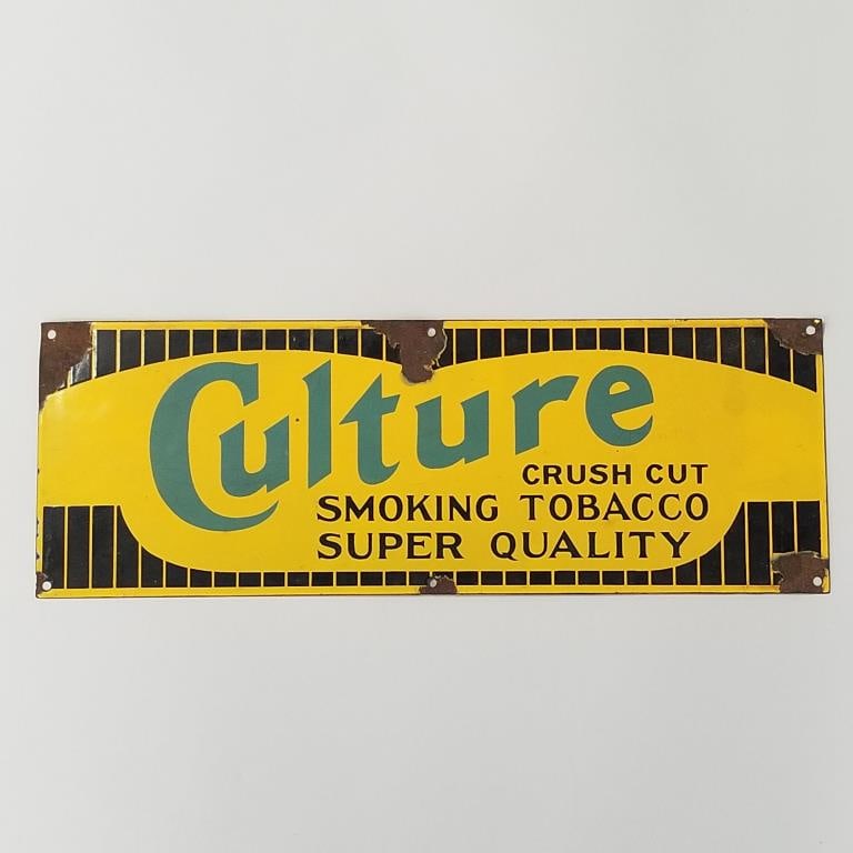 Antique enamel advertising Culture Tobacco sign (as seen- losses, minor rust) 7"H 20"W (1 of 7)