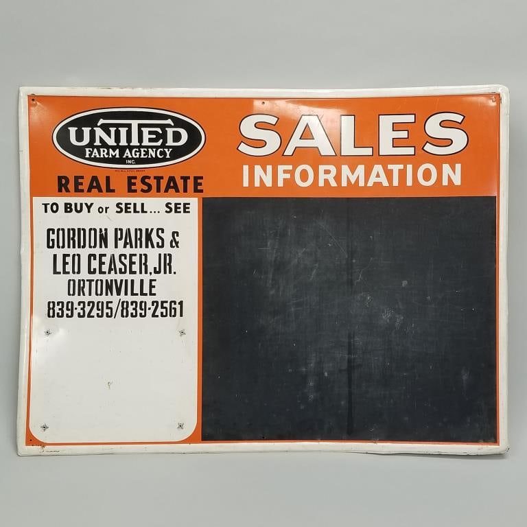 Metal advertising United Farm Agency sign with chalk board- 36"H 47"W (1 of 12)