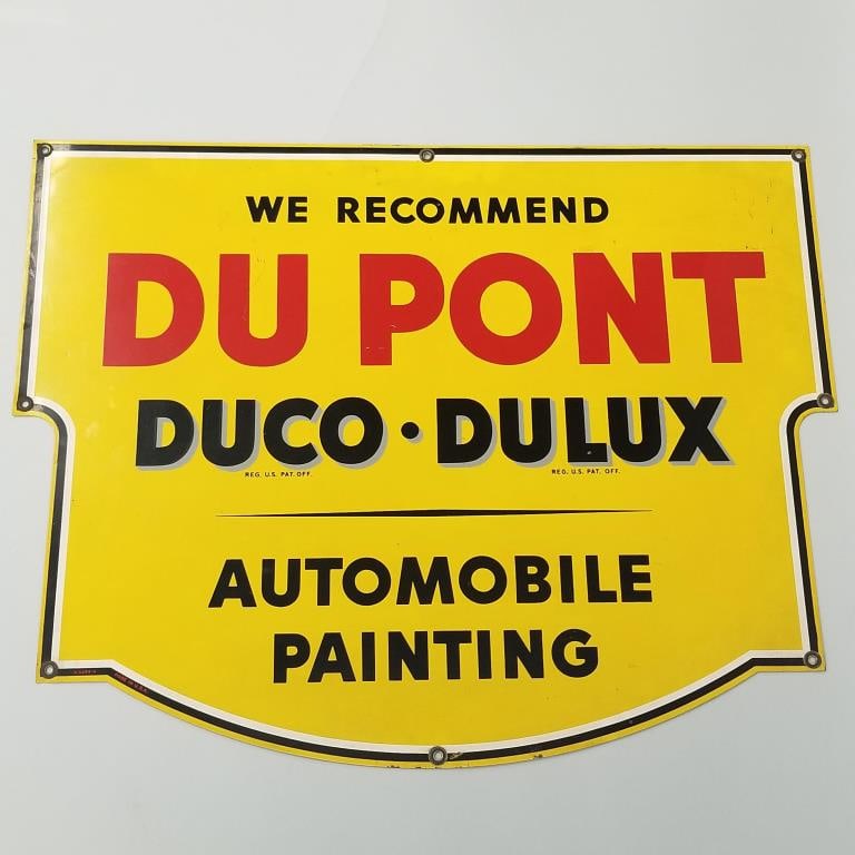 Du Pont Duco-Dulux Automobile Painting enameled single advertising sign- 28 1/4"H 36"W: Du Pont Duco-Dulux Automobile Painting enameled single advertising sign- 28 1/4"H 36"W
