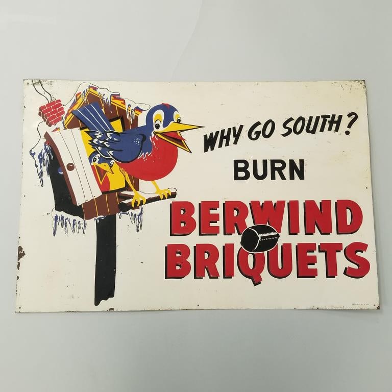 Berwind Briquets advertising sign- 23 1/2"H, 35 1/2"W (1 of 11)