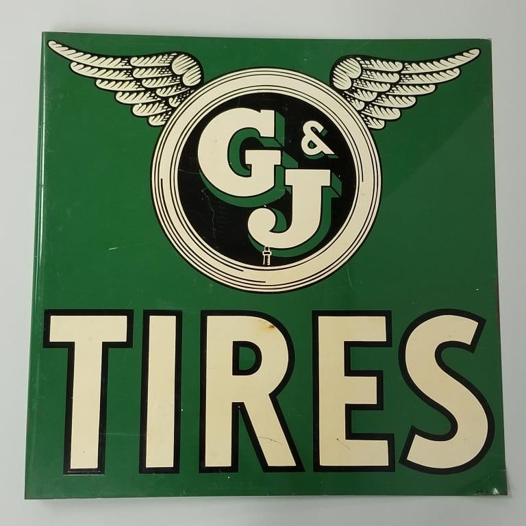 G & J Tires advertising porcelain double sided flange sign- 24"H 24 1/4"W 2 1/8"D (1 of 12)