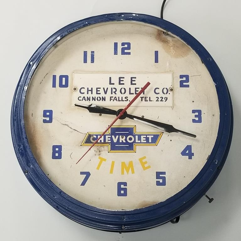 Lee Chevrolet Cannon Falls advertising neon clock- (clock not working; case & hands repainted) 20 (1 of 9)