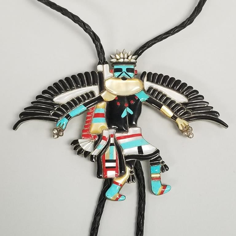 Vintage Zuni eagle dancer silver bolo inlaid with turquoise, coral, etc.- 3 1/4"H 5"W (1 of 13)