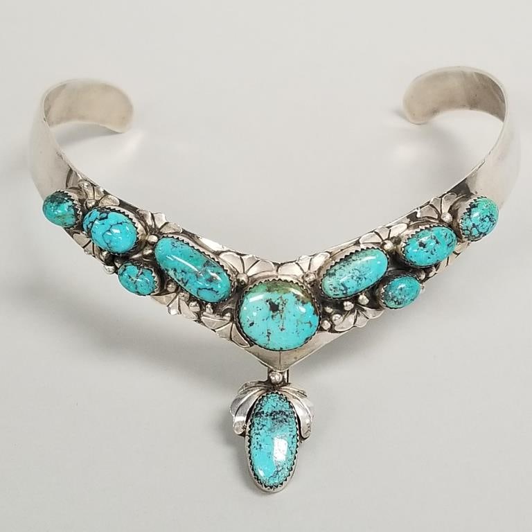 Southwest signed sterling silver & turquoise choker necklace- 72g, 13 1/2" interior circumference (1 of 13)