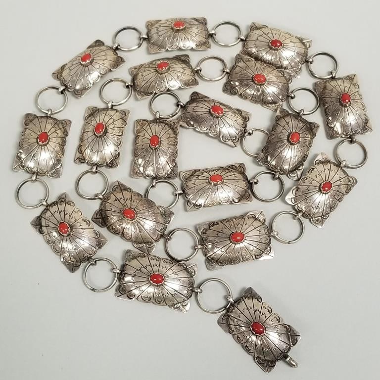 Signed SS sterling silver & coral concho belt- 114g, 42 1/2"L, conchos 1 1/2" x 1": Signed SS sterling silver & coral concho belt- 114g, 42 1/2"L, conchos 1 1/2" x 1"
