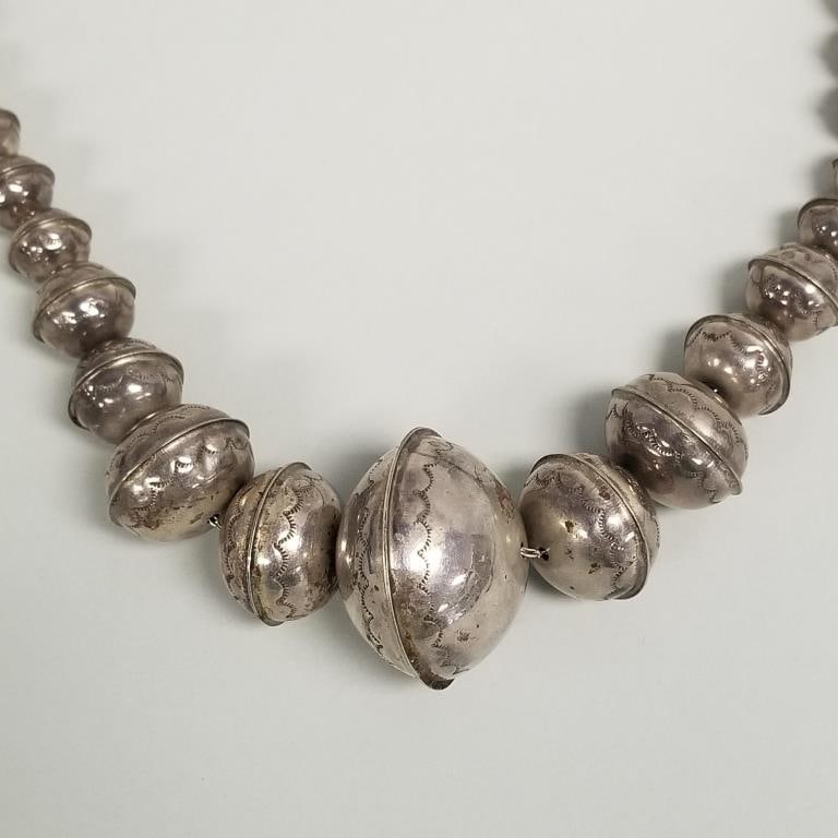 Vintage bench stamped Southwest silver graduated bead necklace- 84g, 27"L, largest bead 1 3/4" (1 of 9)