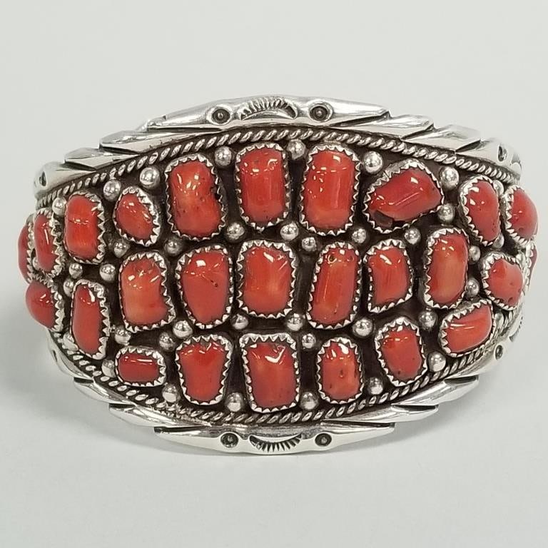 Signed DB sterling silver & coral cuff bracelet- 74g, 2" at widest, 1 3/8" gap, 2 1/2" interior (1 of 9)