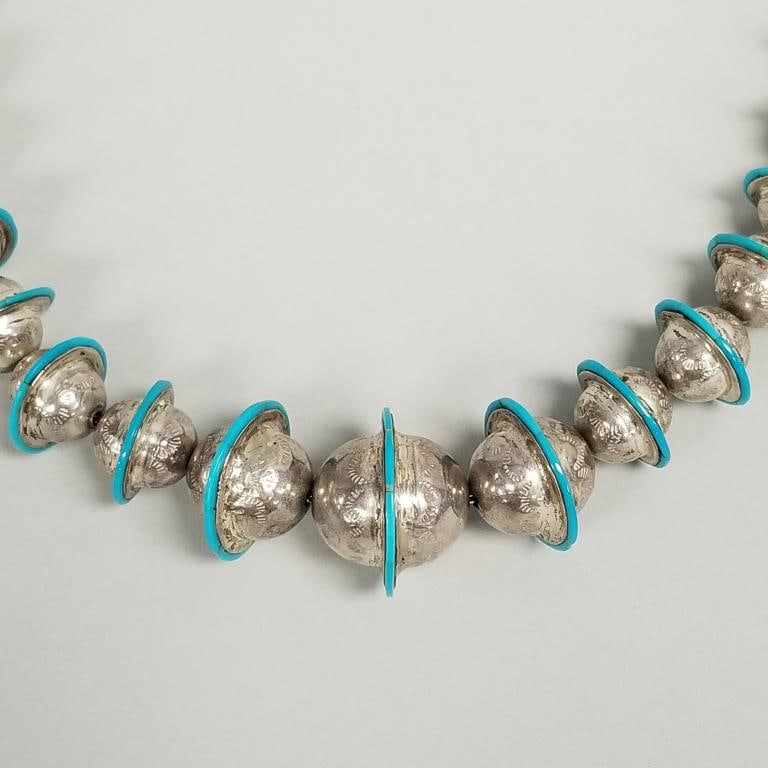 Southwest turquoise trimmed benchmade silver bead necklace- 67g, 23 1/4"L, 1 1/8" largest bead (1 of 14)