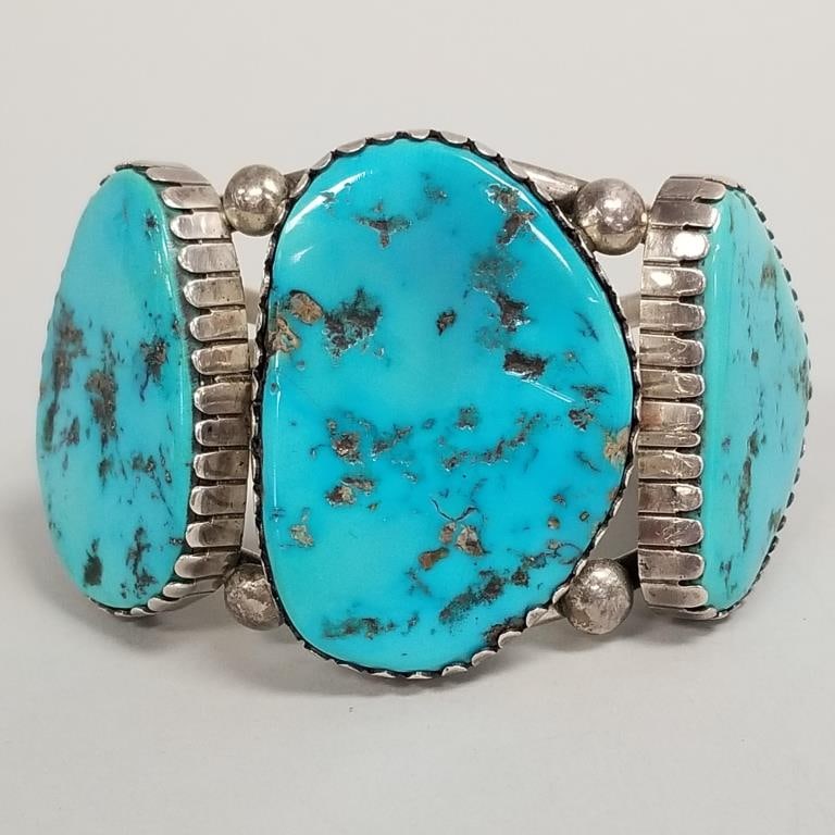 Signed Ahasteen sterling silver & lg. turquoise stone cuff bracelet - 123g, 2" at widest, 1 1/8" (1 of 12)