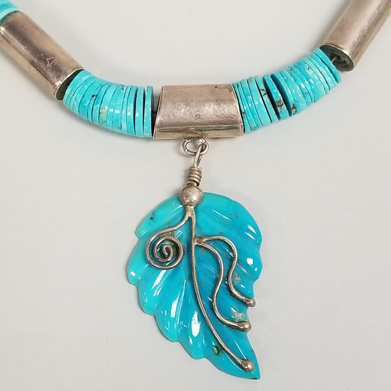 Southwest sterling silver & turquoise graduated heishi bead necklace w/ carved pendant- 108g, 23 (1 of 12)