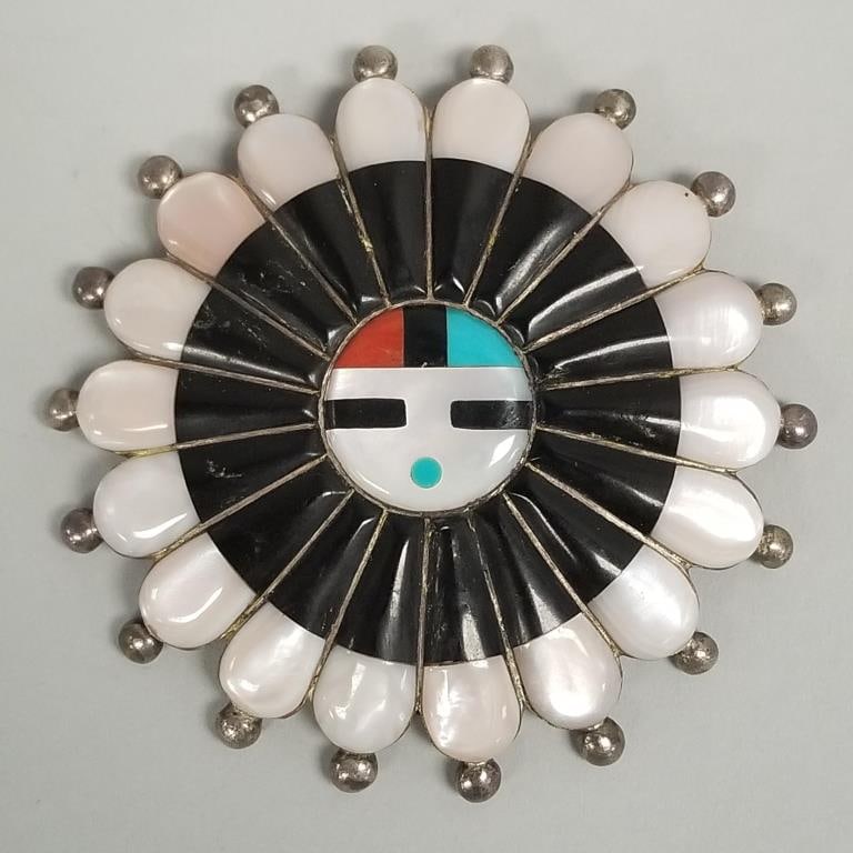 Zuni sterling silver stone inlaid sun face 3" pin/ pendant signed T.S.S.- 55g (1 of 9)