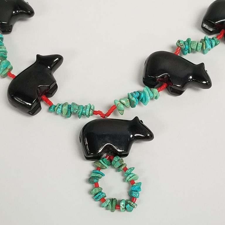 Southwest carved black bear fetish necklace with turquoise, etc. beads- 28"L, 2" bears (1 of 12)