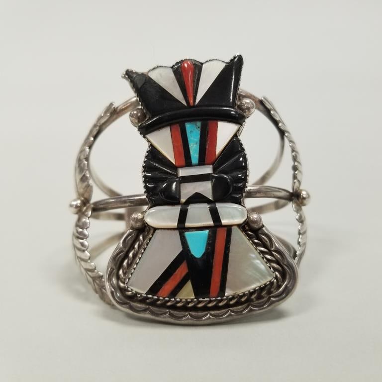 Zuni inlaid silver cuff bracelet- 55g (some pcs cracked) 2 1/2" at widest, 1" gap, 2 1/4" interior: Zuni inlaid silver cuff bracelet- 55g (some pcs cracked) 2 1/2" at widest, 1" gap, 2 1/4" interior diameter
